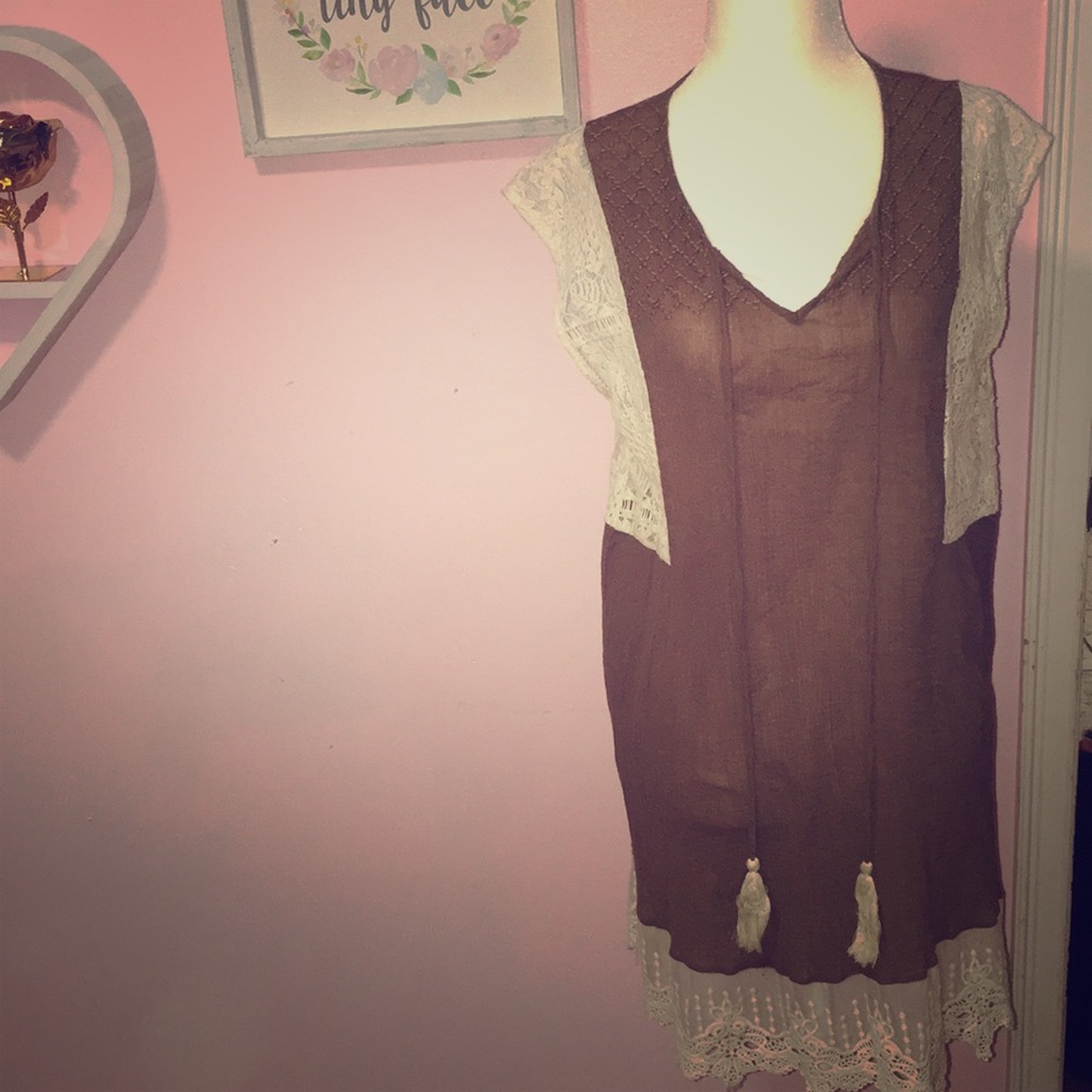 Umgee sheer Brown & cream lace detail dress M